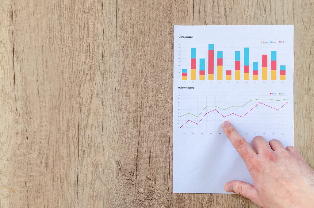 Human hand pointing at a business growth chart on a piece of paper